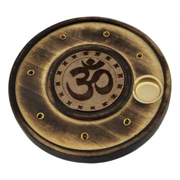 Wood Round Incense & Cone Holder - OM, Pack/12