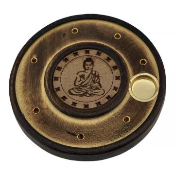 Wood Round Incense & Cone Holder - Buddha, Pack/12