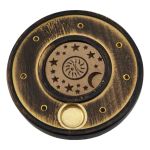 Wood Round Incense & Cone Holder - Sun, Moon, and Stars, Pack/12