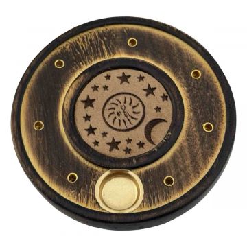 Wood Round Incense & Cone Holder - Sun, Moon, and Stars, Pack/12