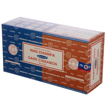 Nag Champa + Dark Cinnamon Incense Sticks 15 Gram, Satya  (12 Boxes of 15 Sticks = 180 Sticks)