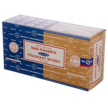 Nag Champa + Fragrant Myrrh Incense Sticks 15 Gram, Satya  (12 Boxes of 15 Sticks = 180 Sticks)