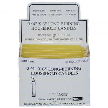 Yellow Household Candles 6" - Display Box of 36